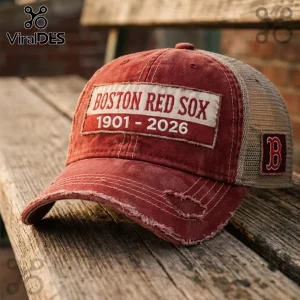 Boston Red Sox 125 Anniversary Distressed Cap featuring a red worn-in fabric, mesh back, and commemorative 1901-2026 patch.
