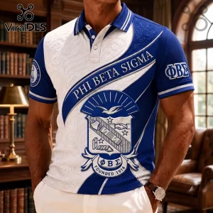 Phi Beta Sigma 1914 Heritage Polo Shirt featuring royal blue and white colors with embossed crest and fraternity lettering.