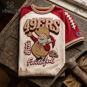 San Francisco 49ers Mascot 1946 Patch Shirt featuring embroidered gold miner graphic, red sleeves, and vintage team text.