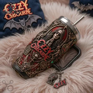 Ozzy Osbourne Prince of Darkness Embossed 40oz Handle Tumbler featuring 3D rock iconography, skulls, and bat motifs.