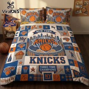 New York Knicks Three-Time Champions Bedding Set featuring team logos, orange basketballs, and city skyline graphics.