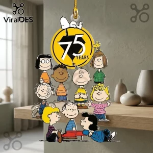 Peanuts Snoopy 75th Anniversary Acrylic Christmas Ornament featuring cartoon characters on a yellow circular backing.
