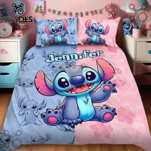 Personalized Stitch Ohana Blue Pink Bedding Set featuring a split design with Stitch, hibiscus flowers, and custom name.