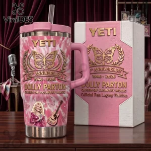Dolly Parton 80th Anniversary Pink Tie-Dye YETI Tumbler with butterfly emblem, acoustic guitar, and singer portrait graphic.