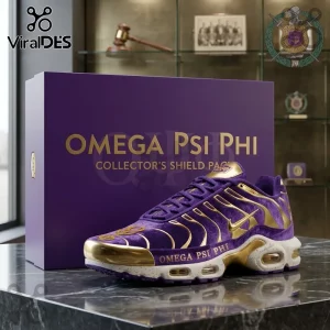 Omega Psi Phi Collector Edition Air Max Plus shoes featuring purple velvet fabric, metallic gold accents, and a logo box.