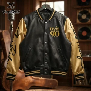 Elvis Presley 90th Anniversary Black Gold Baseball Jacket with embroidered gold lettering and metallic leather finish.