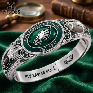 Philadelphia Eagles Silver Tone Engraved Bracelet featuring a green oval stone, team logo, and 'Fly Eagles Fly' engraving.