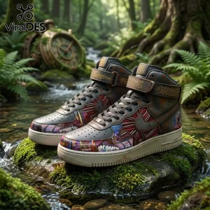 Iron Maiden Caught Somewhere In Time Air Force 1 Sneakers featuring graphic album art on leather set in a mossy forest.