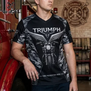 Triumph Motorcycle Camo Firefighter V-Neck Shirt with black, grey camo sleeves and a front graphic of a vintage motorcycle.