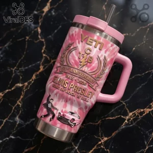 Elvis Presley 91st Anniversary Pink Stanley Tumbler with TCB lightning bolt logo, pink marbled finish, and car graphic.