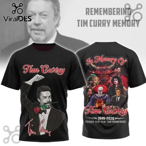 In Memory Of Tim Curry Thank You For The Memories hoodie featuring front portrait and back montage of iconic movie roles.