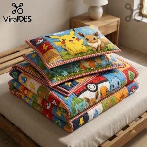 Pokemon Character Pikachu Eevee Quilt Bedding Set features colorful character prints, checkerboard trim, and soft fabric.
