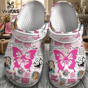 Dolly Parton Pink Butterfly Lightweight Clogs featuring pink butterfly graphics, western boots, and portraits on white foam.