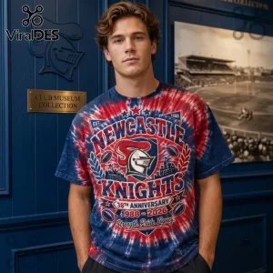 Newcastle Knights 38th Anniversary Tie Dye Shirt featuring red and blue swirl patterns and team graphics on a man.