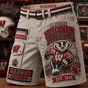 Wisconsin Badgers Embroidered Cargo Shorts in khaki featuring team mascot, stadium graphic, and red and black text patches.