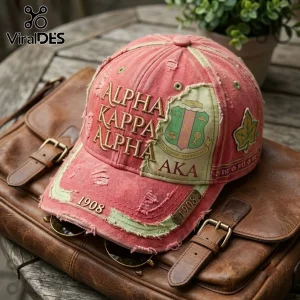 Alpha Kappa Alpha Pink Distressed Baseball Cap featuring embroidered Greek letters, official crest, and 1908 detailing.
