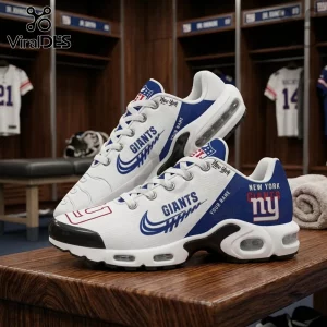 New York Giants Custom Name Max Plus Sneakers featuring white mesh, blue accents, team logos, and personal name customization.