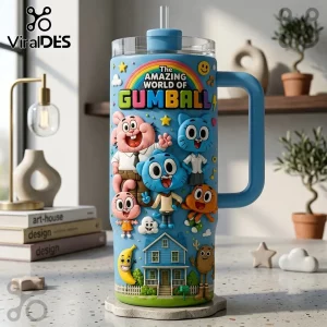 The Amazing World of Gumball Character Stanley Tumbler with 3D embossed Gumball, Darwin, and Anais graphics on blue cup.