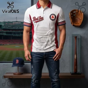 Boston Red Sox Embossed Fenway Park Polo Shirt featuring a 3D textured baseball player graphic and team logo on white.