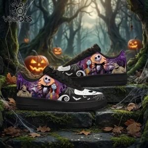 The Nightmare Before Christmas Gothic Halloween Air Force Sneakers featuring Jack Skellington, Sally, and Oogie Boogie.