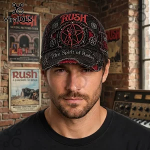 Rush 1968 Starman Black Distressed Baseball Cap featuring a red Starman graphic, distressed brim, and embroidered text.