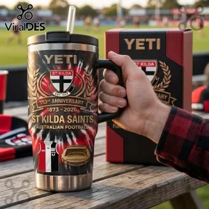 St Kilda Saints 153rd Anniversary YETI Stanley Tumbler featuring team crest, red and black tie-dye, and stadium graphic.