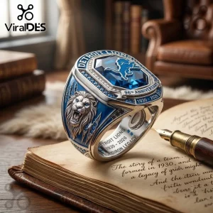 Detroit Lions 96th Anniversary Blue Gem Ring featuring a lion head relief, blue center stone, and engraved team history.