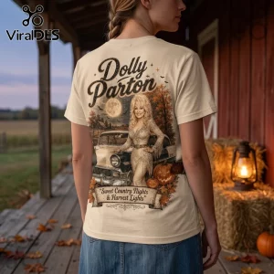Dolly Parton Sweet Country Nights T-Shirt featuring a vintage car, pumpkins, and autumn landscape on cream cotton fabric.