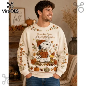 Personalized Snoopy Autumn Pumpkin Spice Sweatshirt featuring Snoopy and Woodstock in fall attire on a cream fabric.
