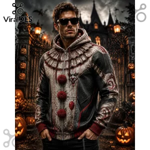 Pennywise Horror Clown Premium Zip Up Hoodie with ruffled collar, red pom-poms, and balloon graphic on a male model.