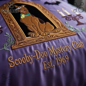 Scooby-Doo Mystery Club Purple 3-Piece Bedding Set features embroidered Scooby-Doo portrait, candles, and gothic text.