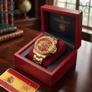 Spain National Football Team Gold Luxury Watch with a red face, metallic bezel, and the national crest inside a red case.