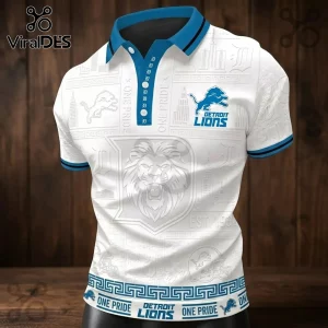 Detroit Lions White One Pride Polo Shirt featuring blue collar, lion graphics, and city skyline print on white fabric.