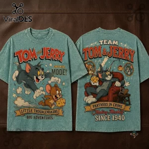 Tom and Jerry 1940 Partners in Crime T-Shirt front and back views featuring blue mineral wash cotton with vintage graphics.