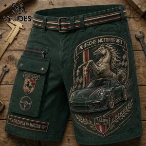 Porsche Motorsport Embossed Cargo Casual Shorts in dark green cotton featuring racing horse and car graphic details.