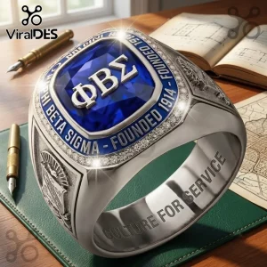 Phi Beta Sigma Engraved Silver Ring featuring a large blue stone, Greek letters, and Culture for Service lettering.