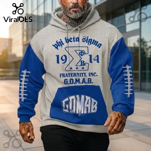 Phi Beta Sigma Fraternity Blue White Hoodie featuring the Sigma crest, 1914, and G.O.M.A.B. lettering on a grey fleece base.