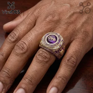 Omega Psi Phi Fraternity Bulldog Ring with a purple center stone and gold lettering on a hand.