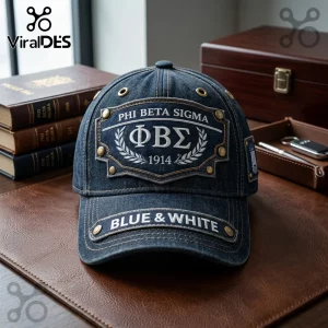 Phi Beta Sigma 1914 Denim Baseball Cap featuring a blue denim crown, embroidered fraternity crest, and metal rivets.