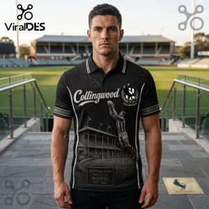 Collingwood FC Magpies Heritage Black Polo Shirt with Victoria Park stadium graphic and team logo on chest.