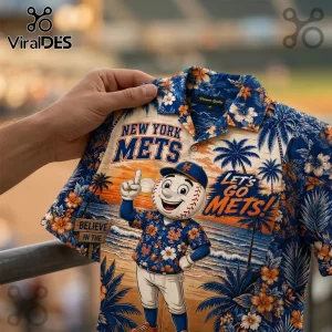 New York Mets Mascot Floral Hawaiian Shirt with Mr. Met graphic, palm trees, sunset beach print, and team text elements.