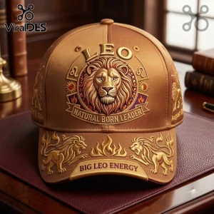 Gold Leo Zodiac Embroidered Baseball Cap featuring a 3D lion face, astrological symbols, and text on a bronze fabric base.