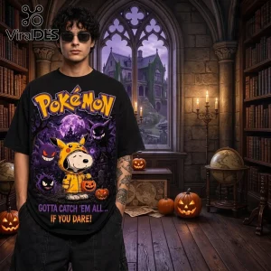 Snoopy x Pokemon Spooky 2026 Halloween T-Shirt featuring Pikachu-costumed Snoopy, Gengar ghosts, and pumpkin motifs on black.
