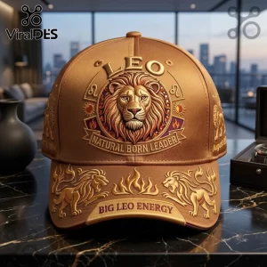 Gold Leo Zodiac Embroidered Baseball Cap featuring a 3D lion head emblem and text on a metallic fabric background.