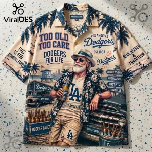 MLB Los Angeles Dodgers Palm Tree Hawaiian Shirt featuring an elderly man, beach scene, beer bottles, and team logos.