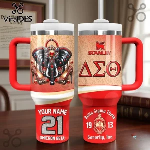 Custom Name Delta Sigma Theta Stanley Tumbler with elephant graphic, Greek letters, and red accents on a vacuum cup.