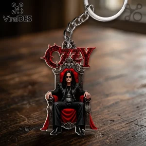 Ozzy Osbourne Throne Custom Shape Keychain featuring the rock legend sitting in a red velvet chair with iconic logo text.