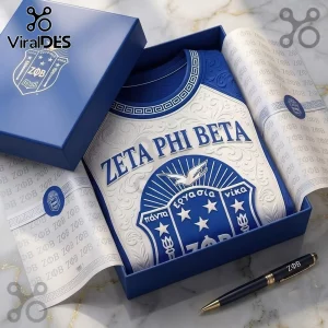 Zeta Phi Beta Sorority Royal Blue Shirt folded in a matching branded gift box with Greek letters and a signature pen.