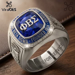 Phi Beta Sigma Engraved Silver Ring featuring a central blue stone with white Greek letters on a metallic band.