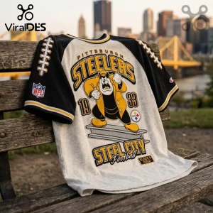 Pittsburgh Steelers NFL Mascot Shirt featuring Pete on a grey body with black sleeves and vintage team graphics.